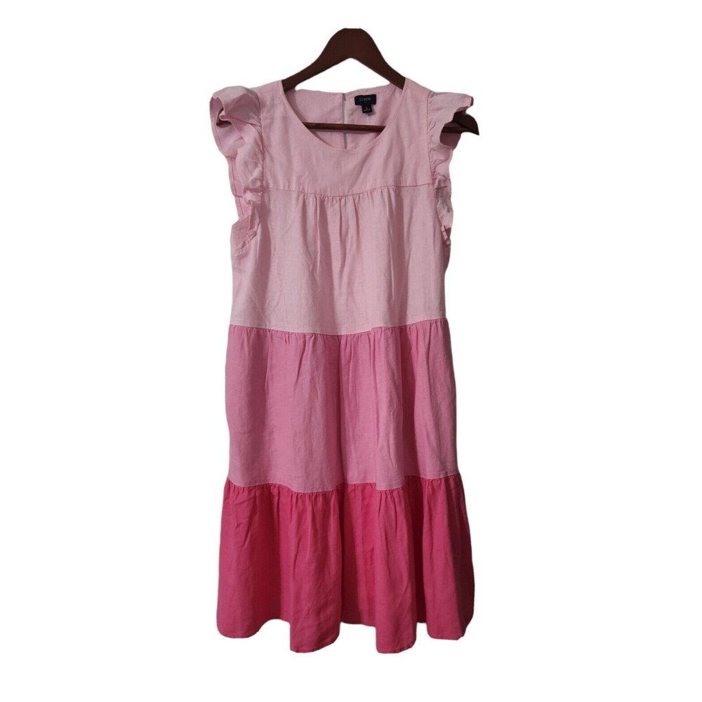 J.Crew Linen Blend Ruffle Sleeve Tiered Mini Dress Size 6 Pink